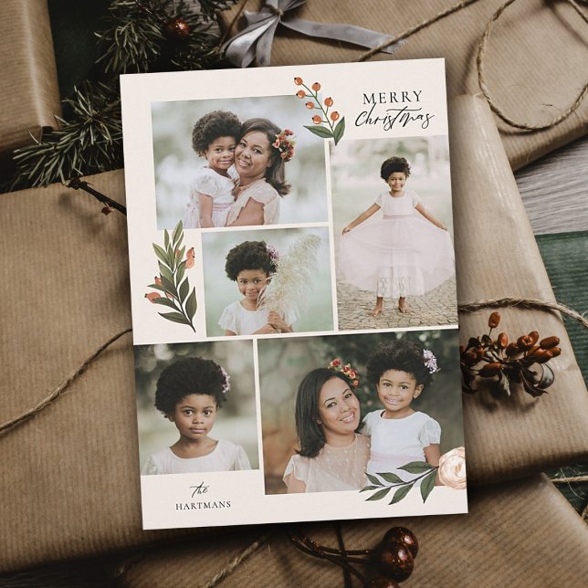 Cartes Pour Fêtes Annuelles 5 Photo Collage Terracotta Boho Noël Floral (Créateur téléchargé)