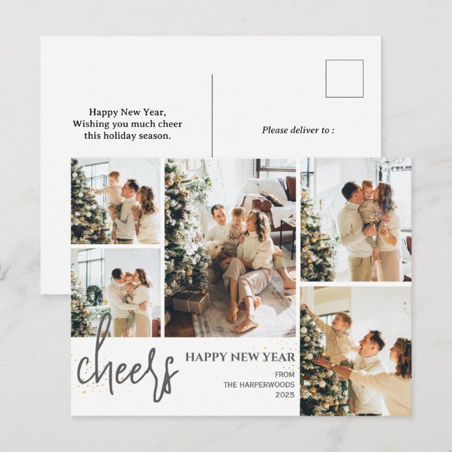 Cartes Pour Fêtes Annuelles 5 Photo Élégant Script Moderne Bonne année (Devant / Derrière)