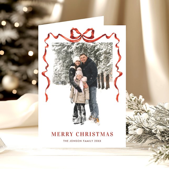 Cartes Pour Fêtes Annuelles 5 Photo Festif Boho Red Christmas Bow Ribbon (Créateur téléchargé)