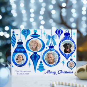 Cartes Pour Fêtes Annuelles 5 Photo Noël Baubles Blue Watercolor Famille