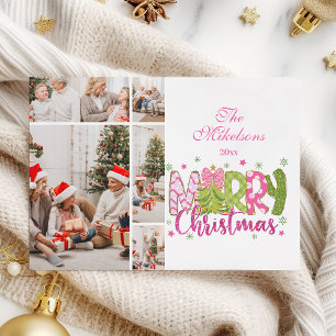 Cartes Pour Fêtes Annuelles 5 Photo Pink Green Bow Tree Joyeux Noël