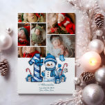 Cartes Pour Fêtes Annuelles 6 Photo Blue Snowman Premier Noël<br><div class="desc">Célébrez la première saison de vacances de votre petit avec ce design hivernal gai avec un numéro de plaid bleu, un bonhomme de neige adorable, des sucres de canne et des cadeaux épars. Customisez-le avec la photo et les détails de naissance de votre bébé pour créer un souvenir qui apporte...</div>