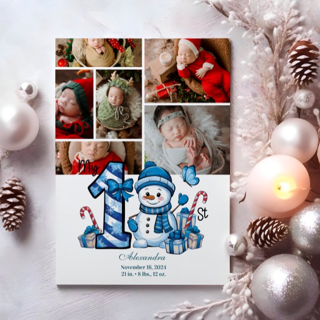 Cartes Pour Fêtes Annuelles 6 Photo Blue Snowman Premier Noël (Créateur téléchargé)
