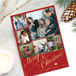 Cartes Pour Fêtes Annuelles 6 photo collage Joyeux script de Noël famille<br><div class="desc">Elégant style Joyeux Noël faux or classique script de calligraphie six photos de famille carte de vacances rouge avec votre texte personnalisé sur les deux côtés. VEUILLEZ NOTER que la couleur arrière - plan est modifiable. Vous pouvez le modifier après avoir sélectionné l'option PERSONNALISER sous le menu PERSONNALISER IT. Si...</div>