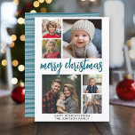 Cartes Pour Fêtes Annuelles 6 Photo Collage Joyful Joyry Christmas Bande bleue<br><div class="desc">Utilisez six photos carrés et faites un accueil de Noël Joyeux unique et tendance avec un motif amusant et rayé sur le dos. Si vous avez besoin de déplacer quelque chose,  cliquez sur le bouton personnaliser pour apporter des modifications.</div>