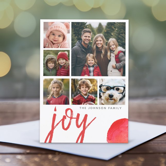 Cartes Pour Fêtes Annuelles 6 Photo Joy Joyeux Noël Minimal Aquarelle rouge (6 Photo Christmas Card with Watercolor Design - Print or Instant Download)