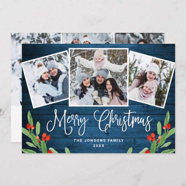 Cartes Pour Fêtes Annuelles 6 PHOTO Noël Rustique Bleu Bois Salutation (Devant / Derrière)