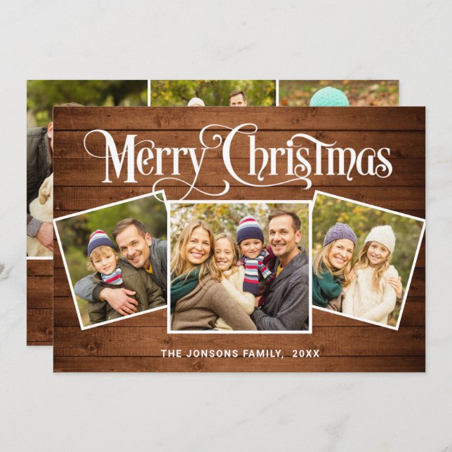 Cartes Pour Fêtes Annuelles 6 PHOTO Noël Rustique Brown Bois Salutation (Devant / Derrière)