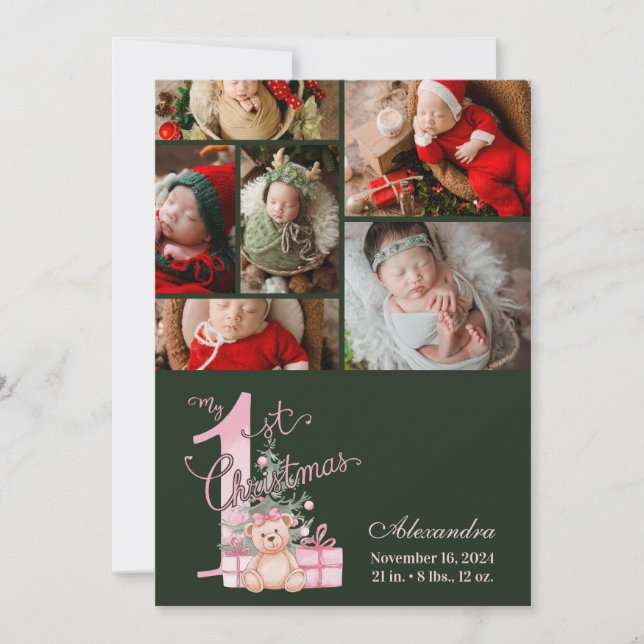 Cartes Pour Fêtes Annuelles 6 Photo  Pink Green Baby First Christmas (Devant)
