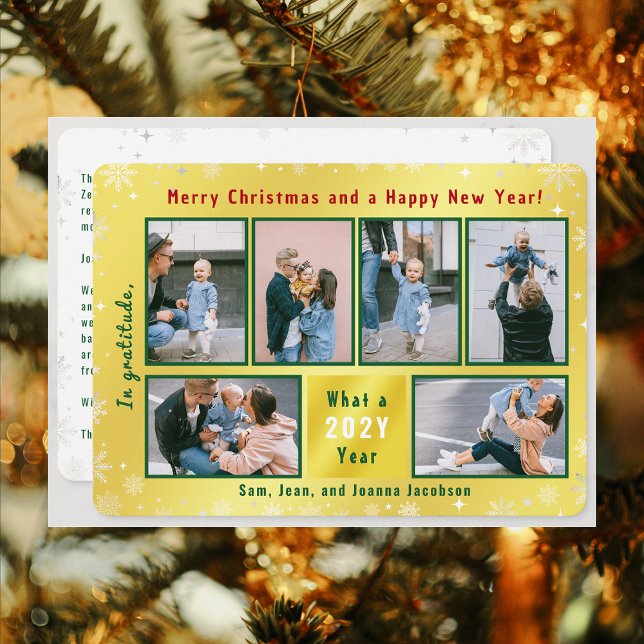 Cartes Pour Fêtes Annuelles 6 Photos Collage Cute Elégant Golden Personnalisé (Merry Christmas Happy New Year, In Gratitude, Golden Modern Cute 6 Photos Collage What a Year Letter)