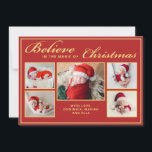 Cartes Pour Fêtes Annuelles 6 photos croient en Noël magique famille rouge<br><div class="desc">Cette carte de voeux de Noël moderne présente 5 de vos portraits de famille de Noël préférés, complétés par un libellé élégant qui dit "Croyez en la magie de Noël" sur un arrière - plan rouge festif. Il est personnalisable avec votre message ou votre nom. Vous pouvez télécharger une photo...</div>