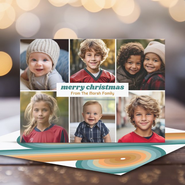 Cartes Pour Fêtes Annuelles 6 Photos - Joyeux Noël Minimal Retro Line Art (Retro Line Art - Online Christmas Card with a vintage 70s vide - 6 photos)