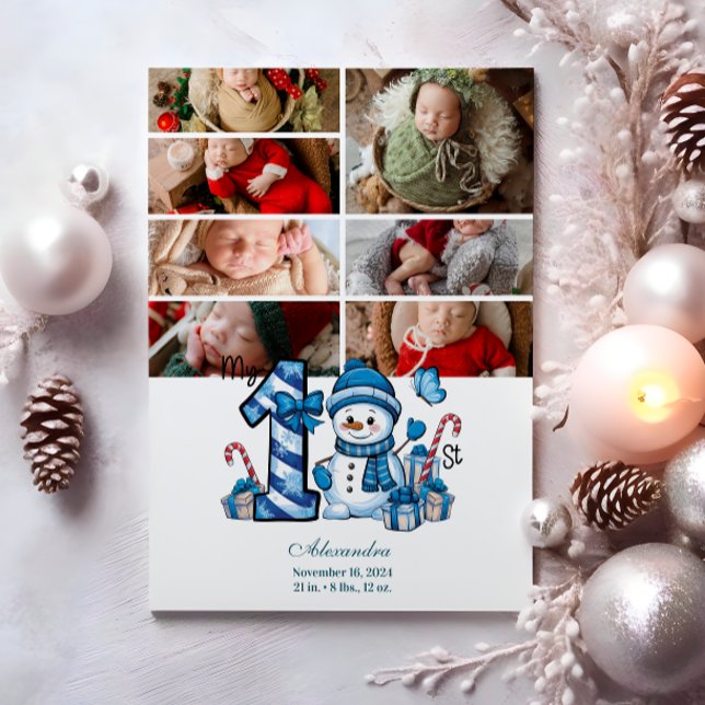 Cartes Pour Fêtes Annuelles 7 Photo Blue Snowman Premier Noël (Créateur téléchargé)