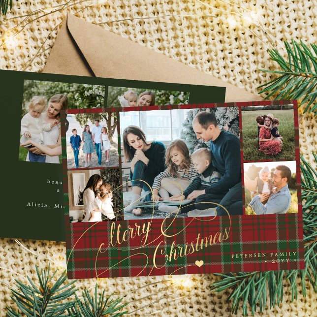Cartes Pour Fêtes Annuelles 7 photos Merry Christmas script red green plaid  (Créateur téléchargé)
