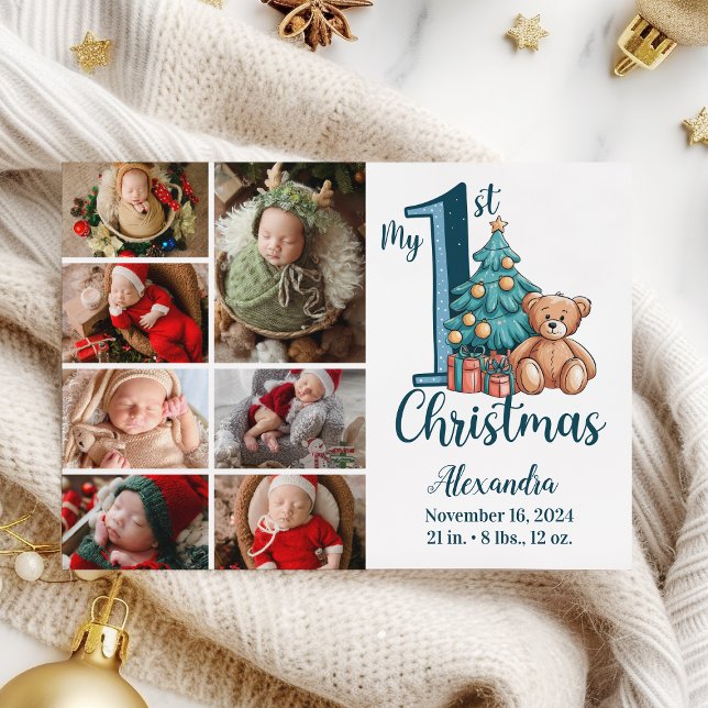 Cartes Pour Fêtes Annuelles 7Photo Blue Teddy Baby 1st Christmas (Créateur téléchargé)