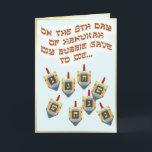 Cartes Pour Fêtes Annuelles 8 Dreidels<br><div class="desc">Attendez une minute ici… Je ne me rappelle pas des dreidels pendant les douze jours de Noël !

 Le puits peut-être là devrait être. C'est une carte drôle qui est grande pour les familles mélangées de foi. Hanoukka heureux !</div>