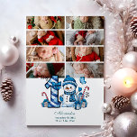 Cartes Pour Fêtes Annuelles 8 Photo Blue Snowman Premier Noël<br><div class="desc">Célébrez la première saison de vacances de votre petit avec ce design hivernal gai avec un numéro de plaid bleu, un bonhomme de neige adorable, des sucres de canne et des cadeaux épars. Customisez-le avec la photo et les détails de naissance de votre bébé pour créer un souvenir qui apporte...</div>
