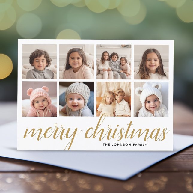 Cartes Pour Fêtes Annuelles 8 Photo Joyeux Noël Script Gold Damas (8 Photo Online Christmas Card - Modern, Simple Design)