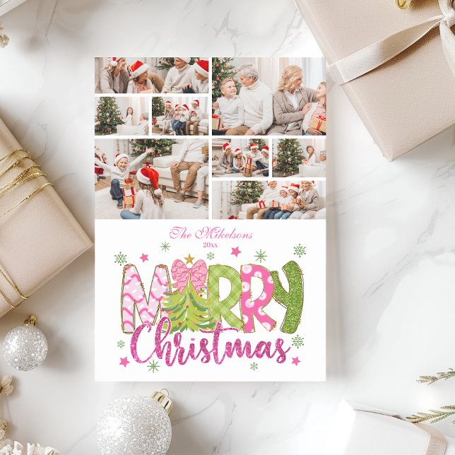 Cartes Pour Fêtes Annuelles 8 Photo Pink Green Bow Tree Joyeux Noël (Créateur téléchargé)