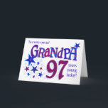 Cartes Pour Fêtes Annuelles 97e anniversaire de grand-père Word Art avec la ca<br><div class="desc">Montrez à votre grand-père ce qu'il veut dire pour vous avec cette carte de 97e anniversaire "étoilée" ! La couverture de l'accueil dit, 'A un grand-père très spécial 97 ans jeune aujourd'hui ! ' et le mot, grand-père et le numéro '97' sont énormes et remplis de motifs coordonnés dans les...</div>