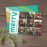 Cartes Pour Fêtes Annuelles 9 Décalage photo - Gras Joyeux Noël Retro Stripe<br><div class="desc">DESIGN AVANT : Un collage de 9 photos dans une grille simple pour mettre en évidence de nombreuses photos de l'année passée. La grille photo est hors centre avec une fine bordure entourant la carte entière. Un look moderne pour un carte photo de vacances aux accents turquoises vifs d'aqua et...</div>