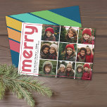 Cartes Pour Fêtes Annuelles 9 Décalage photo - Gras Joyeux Noël Retro Stripe<br><div class="desc">DESIGN AVANT : Un collage de 9 photos dans une grille simple pour mettre en évidence de nombreuses photos de l'année passée. La grille photo est hors centre avec une fine bordure entourant la carte entière. Un look moderne pour un carte photo de vacances aux accents turquoises vifs d'aqua et...</div>