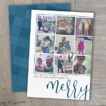 Cartes Pour Fêtes Annuelles 9 Décalage photo - Jeu de script en gras - Bleu fo<br><div class="desc">DESIGN AVANT : Un collage de 9 photos dans une grille simple pour mettre en évidence de nombreuses photos de l'année passée. La grille photo est hors du centre avec une fine bordure entourant les photos. Un look moderne pour un carte photo de vacances aux accents bleu denim et "joyeux"...</div>