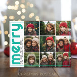 Cartes Pour Fêtes Annuelles 9 Décalage photo - Joyeux Gras - Turquoise Noël -<br><div class="desc">DESIGN AVANT : Un collage de 9 photos dans une grille simple pour mettre en évidence de nombreuses photos de l'année passée. La grille photo est hors centre avec une fine bordure entourant la carte entière. Un look moderne pour un carte photo de vacances aux accents turquoises vifs d'aqua et...</div>