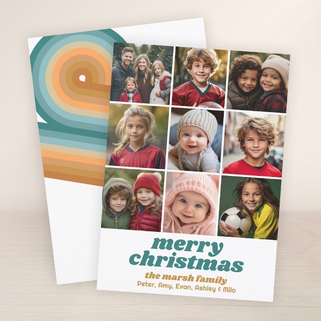 Cartes Pour Fêtes Annuelles 9 Frontière photo - Joyeux Noël Retro Line Art (Retro Stripe Pattern with 9 Photos - Holiday Christmas Card with 70s vibe - Print or Download)