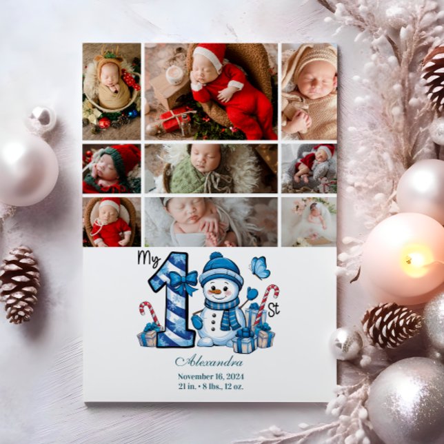 Cartes Pour Fêtes Annuelles 9 Photo Blue Snowman Premier Noël (Créateur téléchargé)