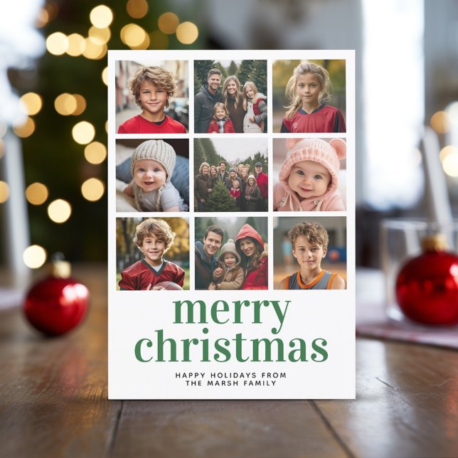 Cartes Pour Fêtes Annuelles 9 Photo Collage Joyeux Noël vert rouge plaid (9 Photo Christmas Card with Plaid Background)