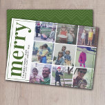 Cartes Pour Fêtes Annuelles 9 Photo Offset - Bold Merry - Olive Green -<br><div class="desc">FRONT DESIGN: A collage of 9 photos in a simple grid to highlight many pic from the past year. The photo grid is off center with a thin border surrounding the entire card. A modern look for a holiday photo card with olive green colored accents and "merry" in a large,...</div>