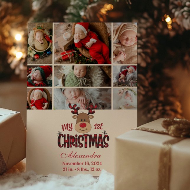 Cartes Pour Fêtes Annuelles 9 Photo Plaid Reindeer Baby First Christmas  (Créateur téléchargé)