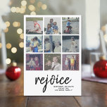 Cartes Pour Fêtes Annuelles 9 Photo Rejoice Design minimal Script de Noël<br><div class="desc">Utilisez neuf photos carrés et faites un accueil unique et branché Joyeux Noël avec un motif rayé impressionnant sur le dos. Il s'agit d'un design minimaliste contemporain avec un espace pour ajouter vos noms de famille. Si vous avez besoin de déplacer quelque chose, cliquez sur le bouton personnaliser pour apporter...</div>