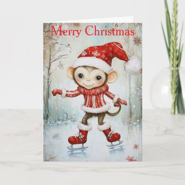 Cartes Pour Fêtes Annuelles A Monkey Ice Skating (Devant)