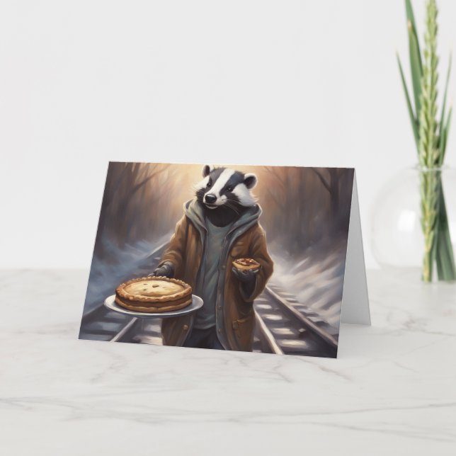 Cartes Pour Fêtes Annuelles A whimsical Badger on the tracks offers Pie (Devant)
