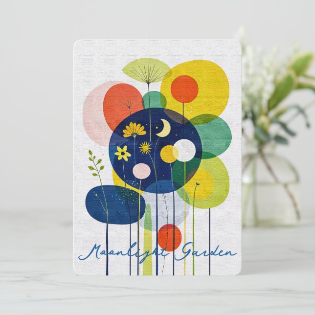 Cartes Pour Fêtes Annuelles Abstract Folk Art Garden Moon Stars Whimsical (Debout devant)