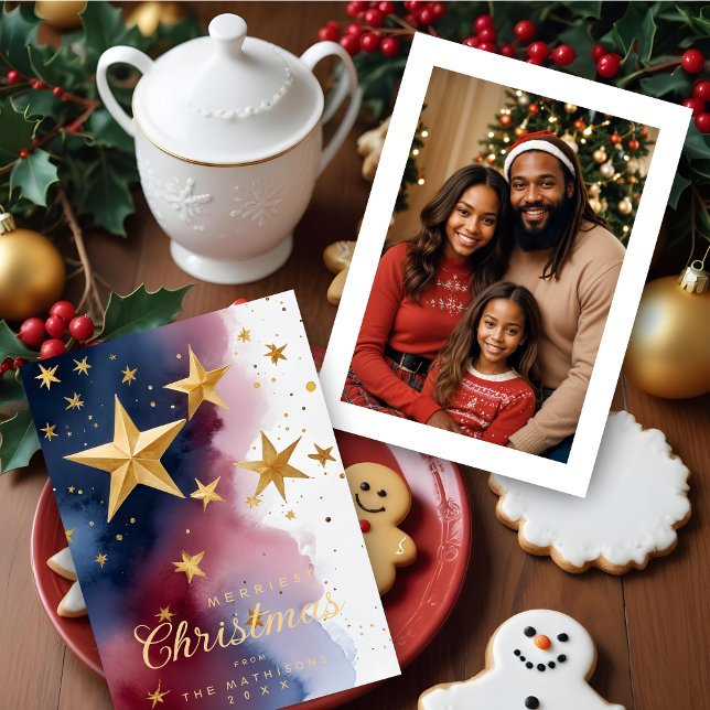 Cartes Pour Fêtes Annuelles Abstract Patriotic Blue Red & White Stars Elegant  (Abstract Patriotic Blue Red & White Stars Elegant Christmas Holiday Cards with Custom Photo.)