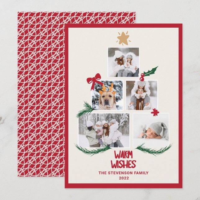Cartes Pour Fêtes Annuelles Abstrait 5 photos Noël arbre rouge ecru souhaits (Devant / Derrière)
