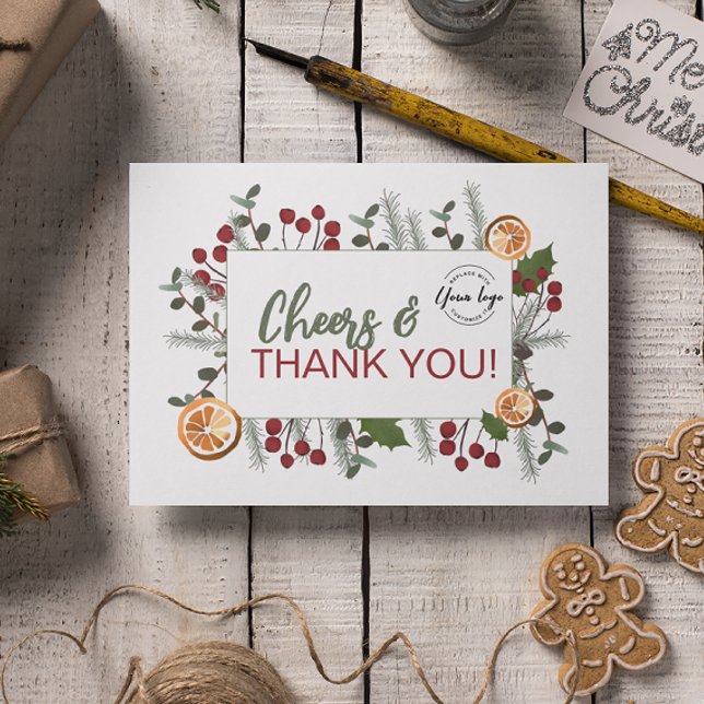 Cartes Pour Fêtes Annuelles Accueil & Merci Votre logo ici Entreprise (Cheers and thank you citrus and foliage holiday corporate logo cards.)