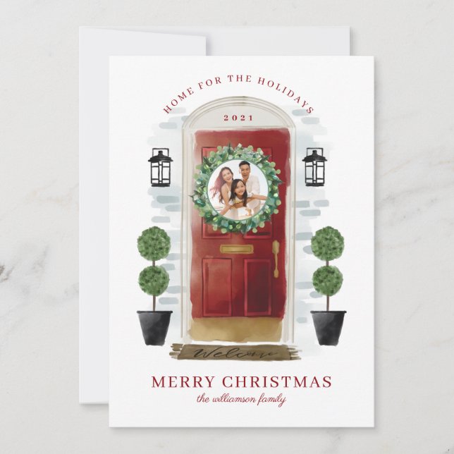 Cartes Pour Fêtes Annuelles Accueil Pour Les Vacances Aquarelle Rouge Photo (Devant)