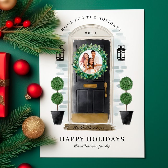 Cartes Pour Fêtes Annuelles Accueil Pour Les Vacances Porte Aquarelle Noire Ph (Home For The Holidays Black Watercolor Door Photo Holiday Card)