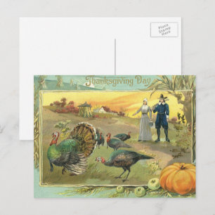 Cartes Pour Fêtes Annuelles Action de grâce vintage avec dindes et pèlerins