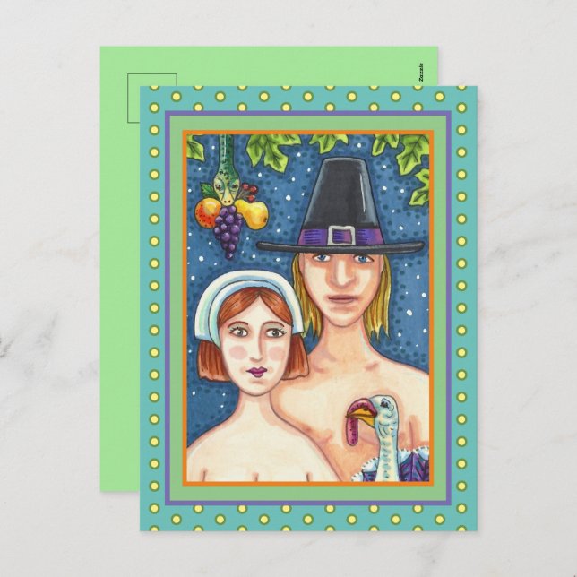 CARTES POUR FÊTES ANNUELLES ADAM & EVE PILGRIMS, BIBLICAL WHIMSY MERCI (Devant / Derrière)