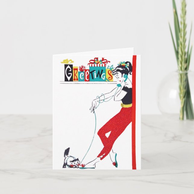 Cartes Pour Fêtes Annuelles Adolescente des années 50 au téléphone avec Kitty (Devant)