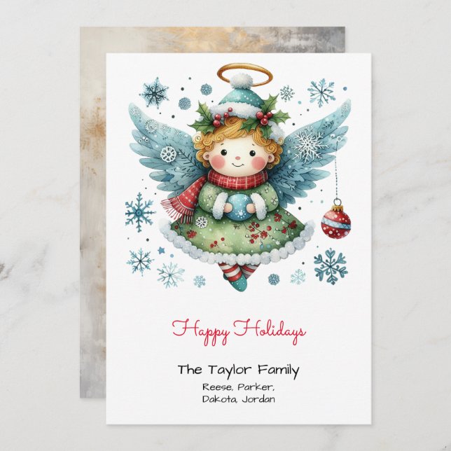 Cartes Pour Fêtes Annuelles Adorable Ange Whimsical Illustration Happy (Devant / Derrière)