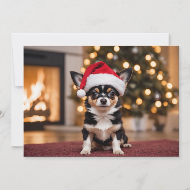 Cartes Pour Fêtes Annuelles Adorable Chihuahua noir avec chapeau de Père Noël (Devant)