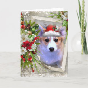 Cartes Pour Fêtes Annuelles adorable Corgi de Noël Chiot avec cadre blanc