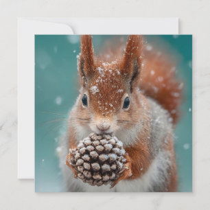 Cartes Pour Fêtes Annuelles Adorable écureuil rouge dans la neige avec un Pine