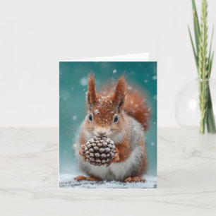Cartes Pour Fêtes Annuelles Adorable écureuil rouge dans la neige avec un Pine